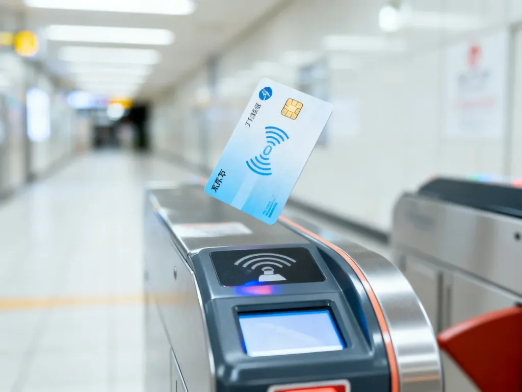 Karta zbliżeniowa przykładana do czytnika przy bramce wejściowej na stacji metra w Tokio.