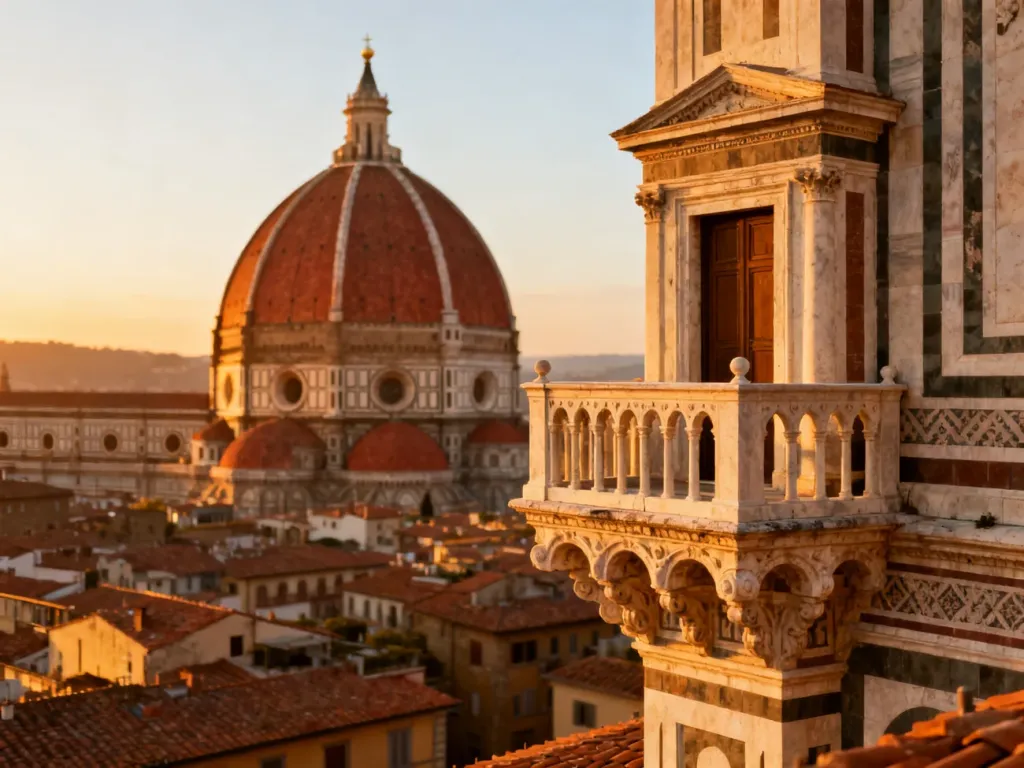 Widok na charakterystyczną czerwoną kopułę katedry Santa Maria del Fiore w świetle zachodzącego słońca nad Florencją.