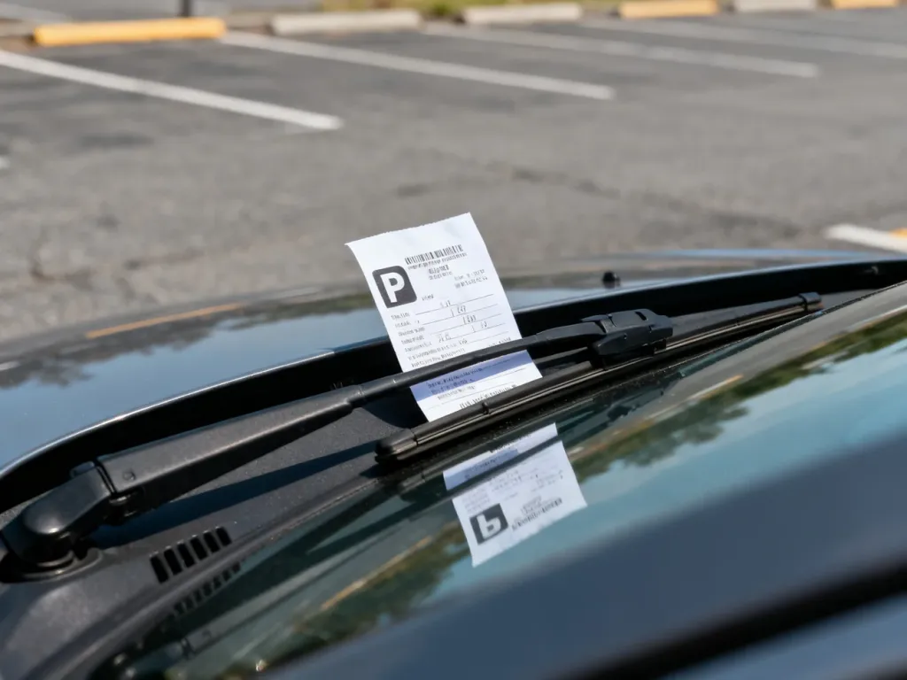 Mandat za brak biletu parkingowego umieszczony za wycieraczką samochodu na parkingu.