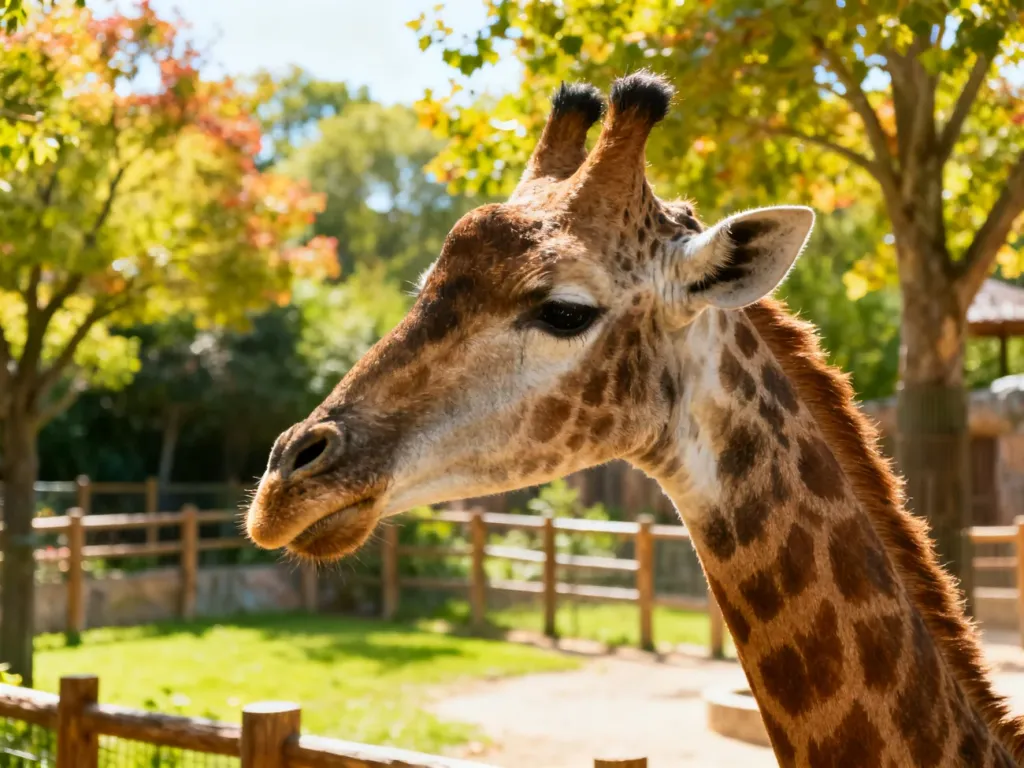 Dostojna żyrafa w otoczeniu zieleni na wybiegu w krakowskim ogrodzie zoologicznym.