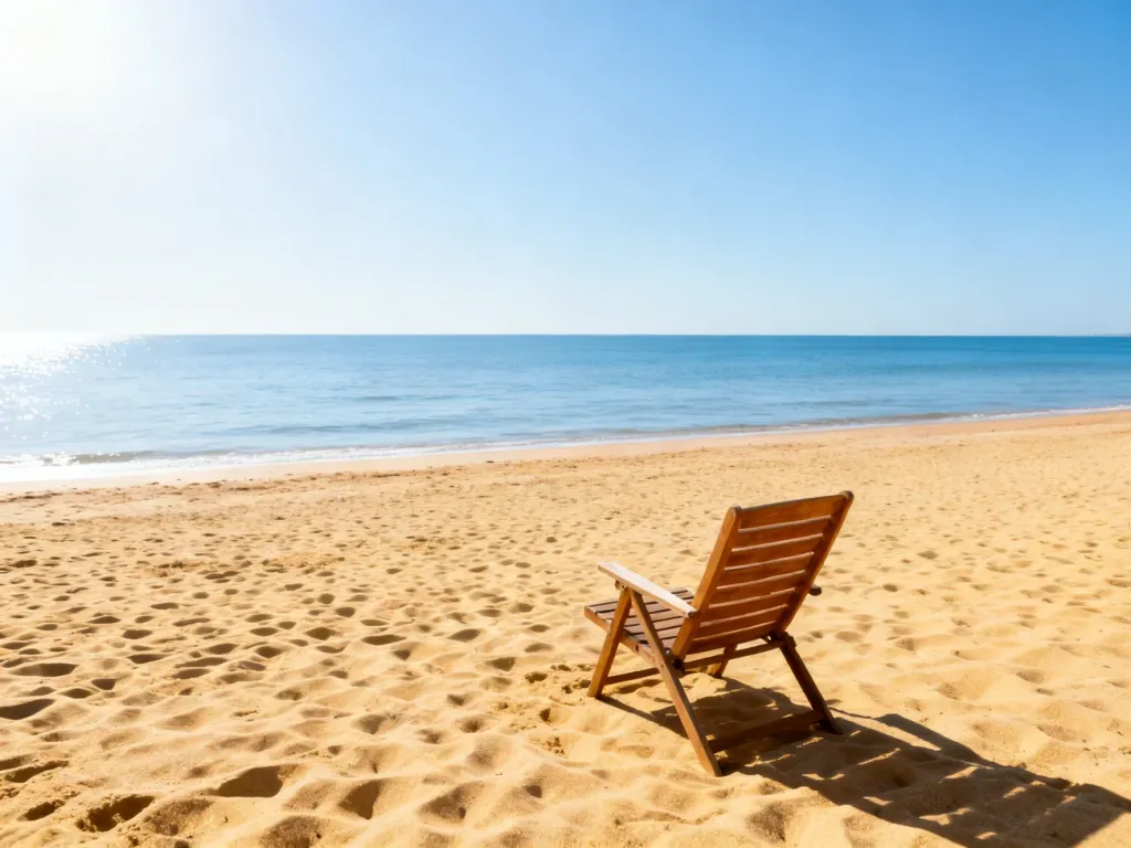 Pusta plaża w Ustce w słoneczny dzień z widokiem na spokojne morze i drewniany leżak na pierwszym planie.