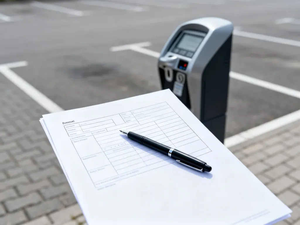 Wypełniony formularz reklamacji z długopisem na tle parkingu, ilustrujący proces składania wniosku o brak biletu.
