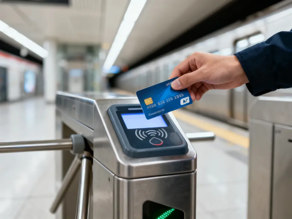Zbliżenie na kartę płatniczą przyłożoną do czytnika bramek w metrze, symbolizujące nowoczesny system opłat za przejazdy.