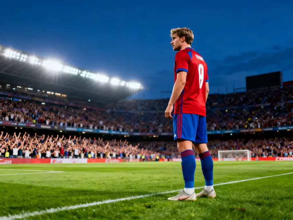 Piłkarz w barwach FC Barcelony na murawie stadionu w świetle jupiterów podczas wieczornego meczu.
