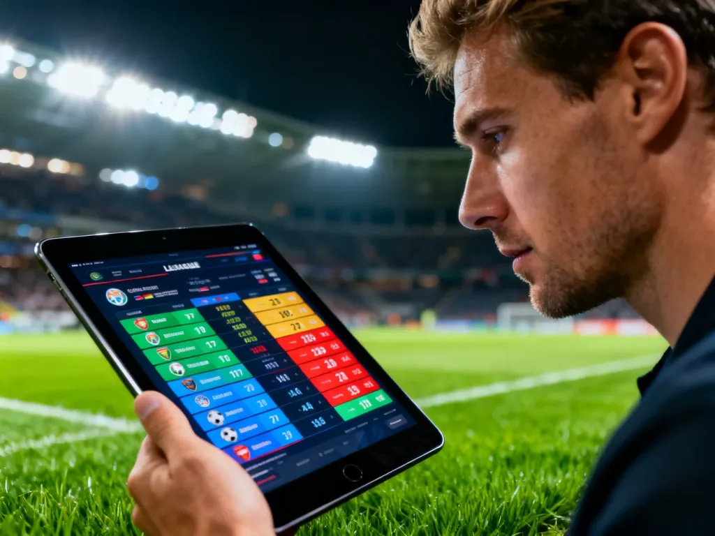 Mężczyzna przegląda statystyki piłkarskie na tablecie na tle oświetlonego stadionu.