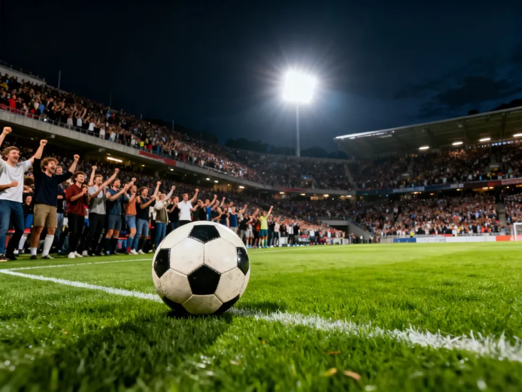 Wypełniony kibicami stadion piłkarski w świetle reflektorów z piłką na murawie, podkreślający atmosferę derbów Barcelony.