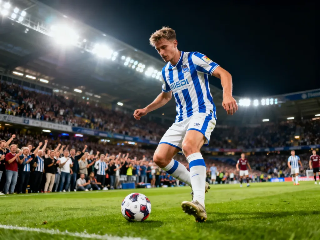 Piłkarz Realu Sociedad prowadzi piłkę podczas wieczornego meczu na wypełnionym stadionie.