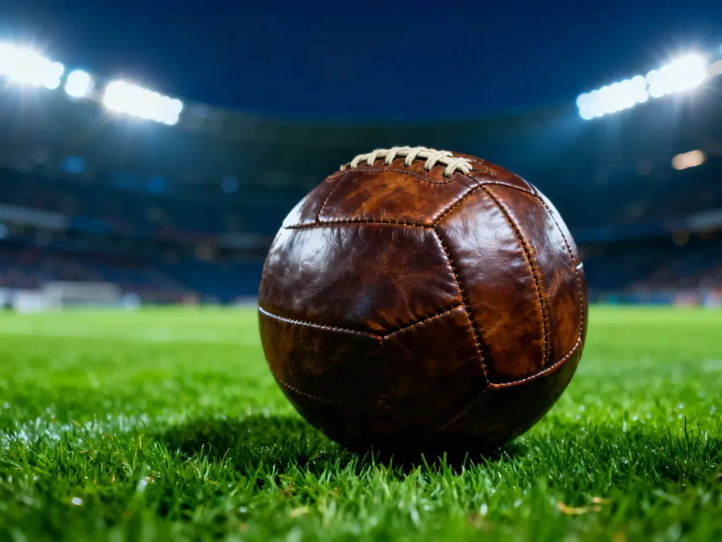 Klasyczna skórzana piłka na murawie boiska w blasku stadionowych reflektorów, nawiązująca do historii futbolu.