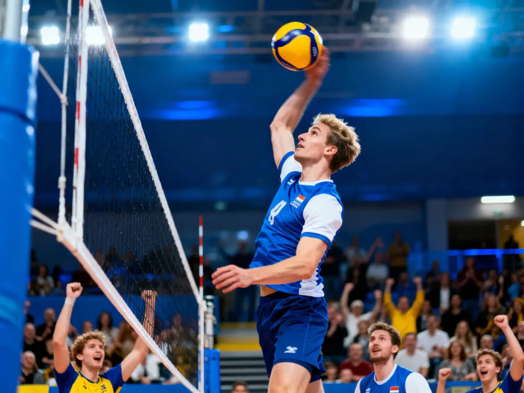 Siatkarz wykonujący dynamiczny atak nad siatką podczas meczu w hali sportowej.