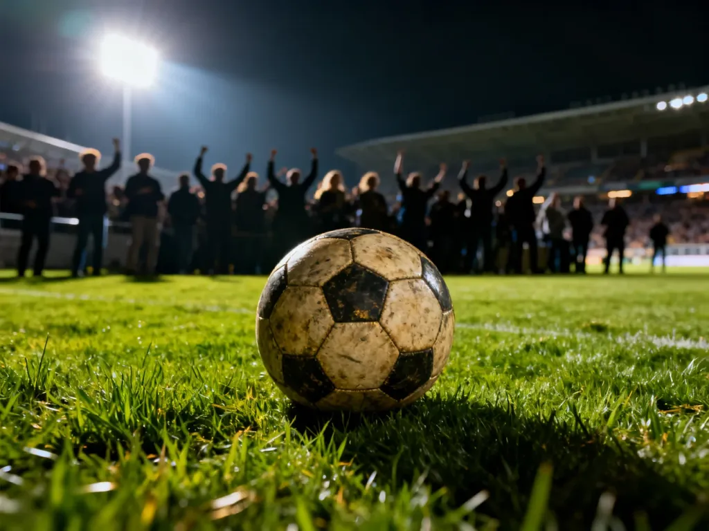Piłka do gry na murawie stadionu w świetle reflektorów przed meczem Athletic Bilbao z FC Barceloną.