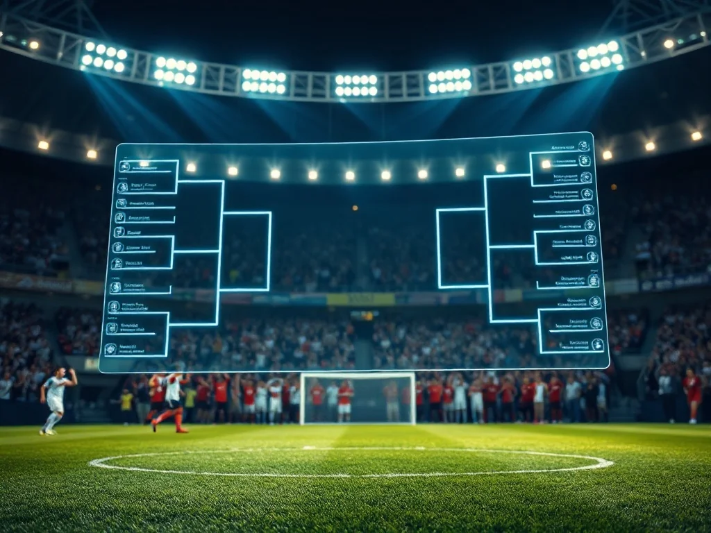 Nowoczesny stadion piłkarski z unoszącą się w powietrzu cyfrową drabinką turniejową, obrazującą format rozgrywek mistrzostw świata.