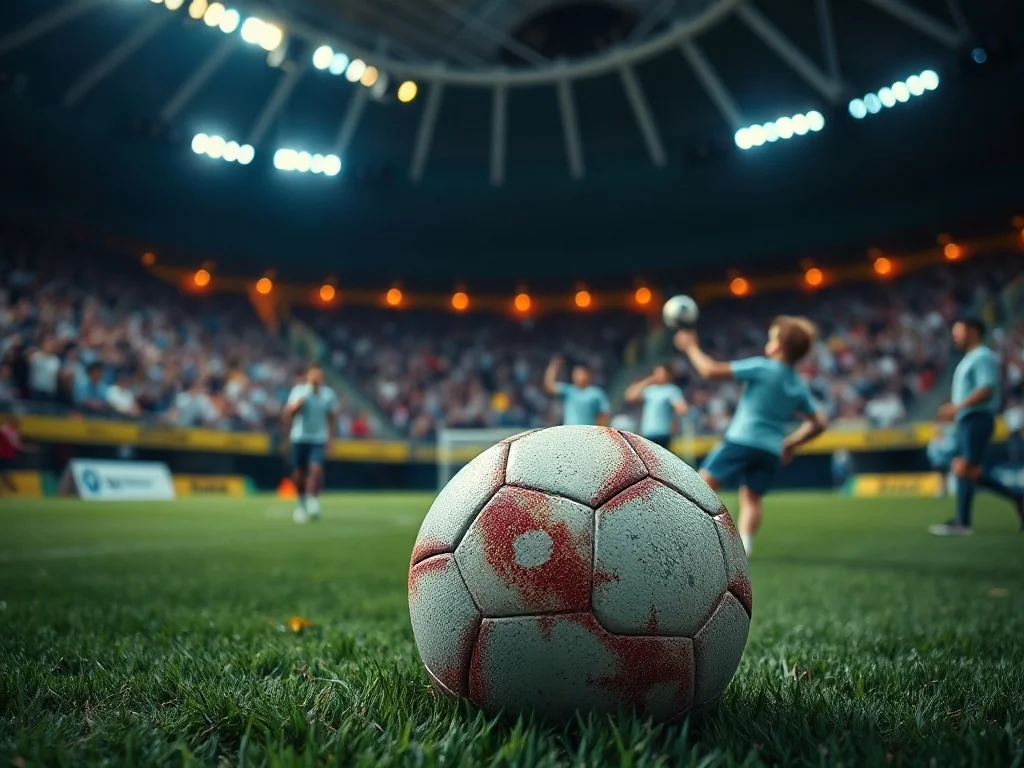 Piłka do gry na murawie stadionu przy sztucznym oświetleniu podczas meczu piłkarskiego.