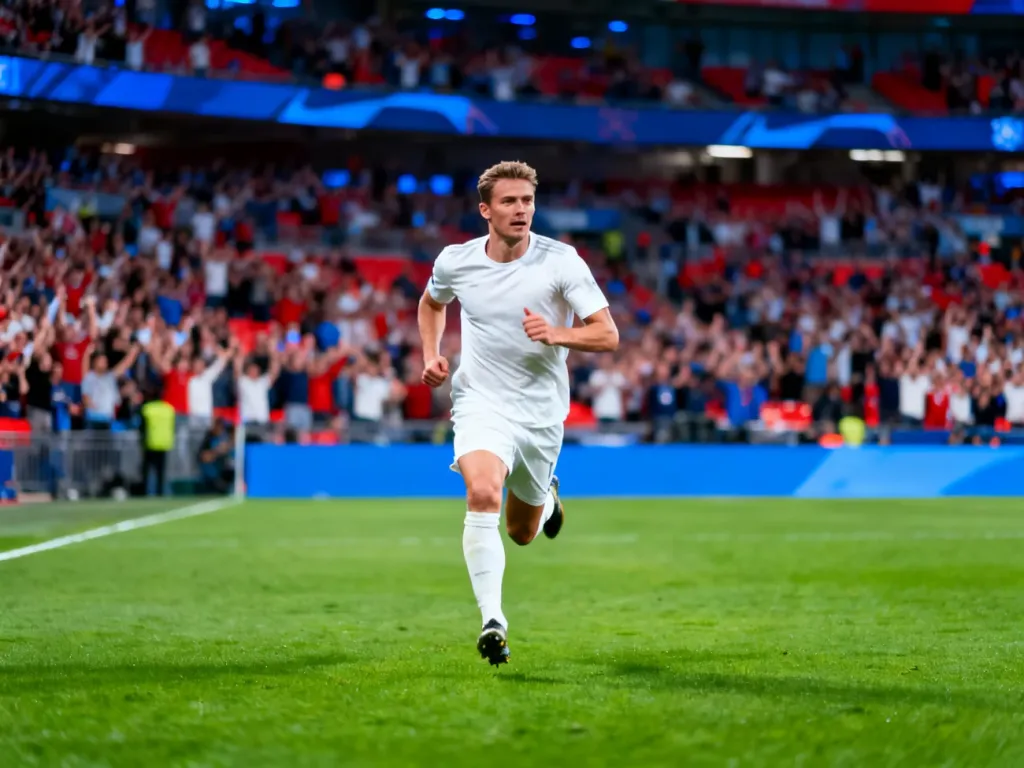 Piłkarz w białej koszulce biegnący po murawie stadionu podczas meczu w otoczeniu wiwatujących kibiców.