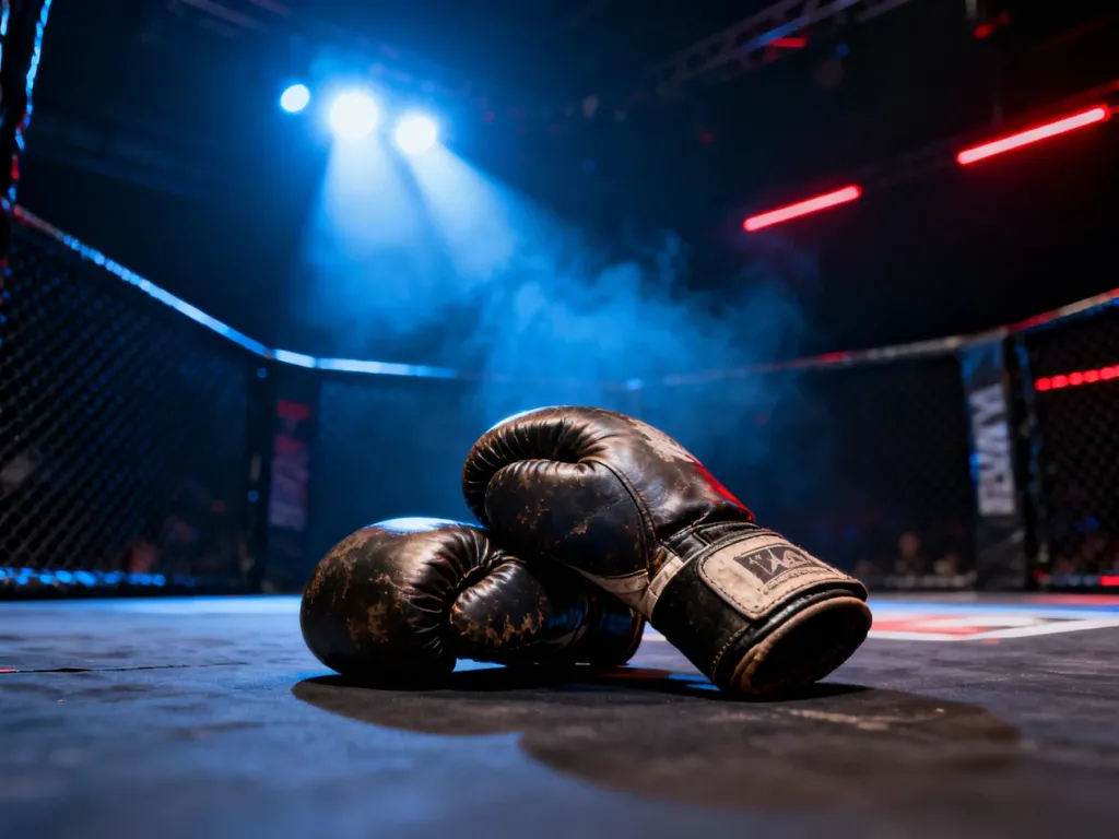 Rękawice bokserskie na macie klatki MMA w mrocznej arenie oświetlonej niebiesko-czerwonymi reflektorami.