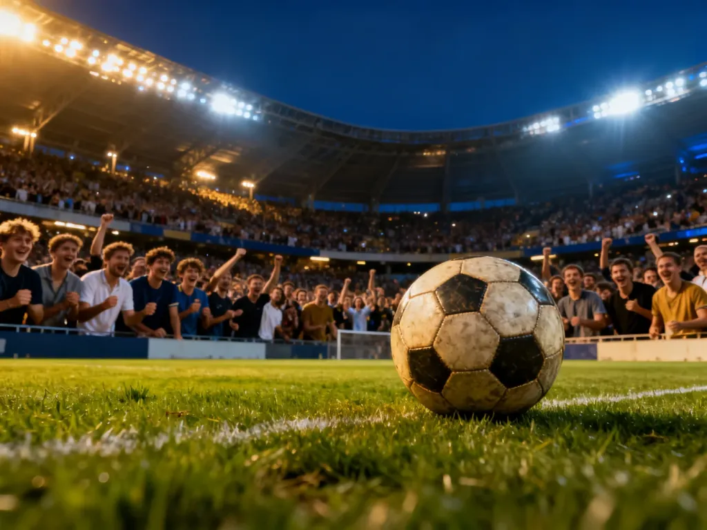 Oświetlony stadion piłkarski wieczorową porą z murawą i piłką na pierwszym planie.