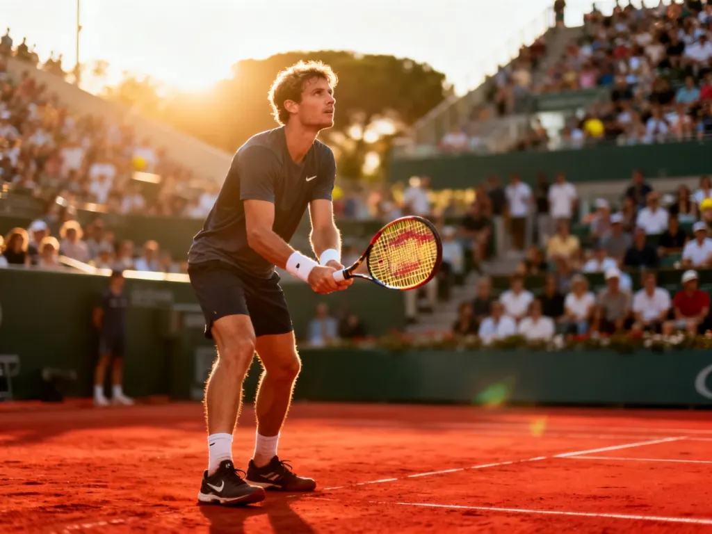 Tenisista przygotowujący się do serwisu na charakterystycznej czerwonej mączce kortu Roland Garros w słoneczny dzień.