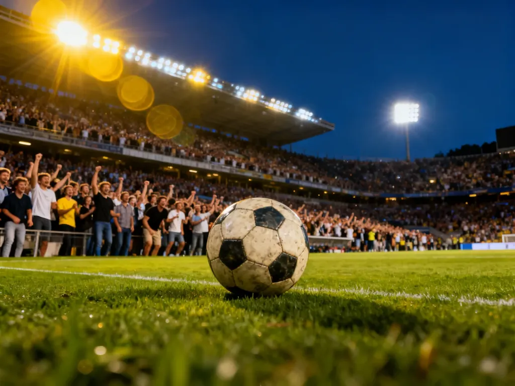Oświetlony stadion piłkarski wieczorową porą z piłką na murawie, tworzący atmosferę wielkiego meczu.