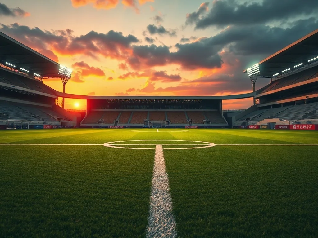 Nowoczesny stadion piłkarski w Niecieczy o zachodzie słońca z widoczną murawą i oświetlonymi trybunami.