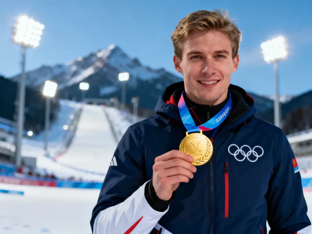 Sportowiec w zimowym stroju trzyma złoty medal na tle ośnieżonych gór i stadionu olimpijskiego.
