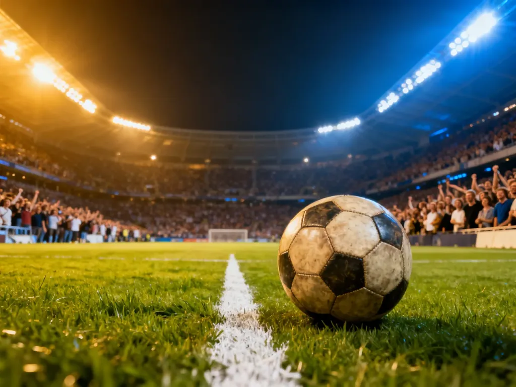 Piłka do gry na środku murawy stadionu piłkarskiego przy sztucznym oświetleniu przed meczem FC Barcelony z Atlético Madryt.