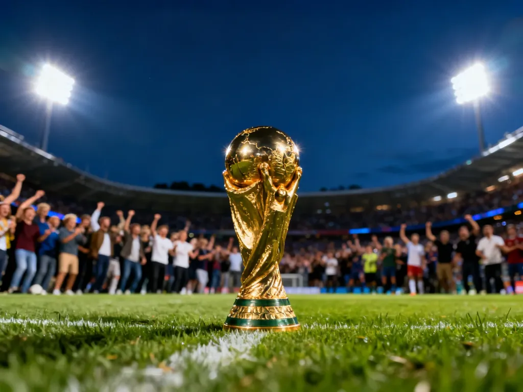 Złote trofeum Klubowych Mistrzostw Świata FIFA na tle oświetlonego stadionu piłkarskiego podczas wieczornego meczu.