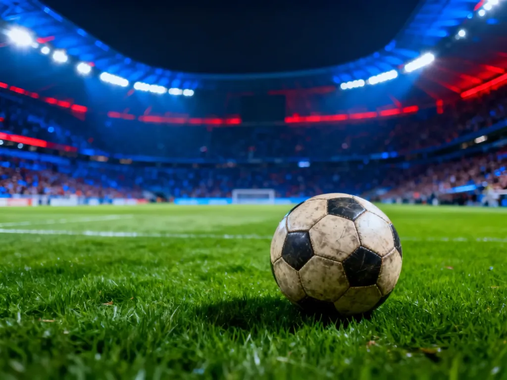 Piłka na murawie stadionu w barwach FC Barcelony, nawiązująca do atmosfery meczów El Clásico.