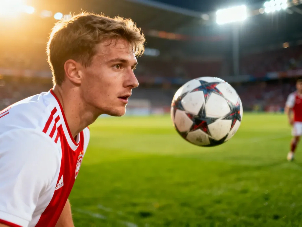 Piłkarz reprezentacji Polski w biało-czerwonej koszulce prowadzi piłkę na tle oświetlonego stadionu.