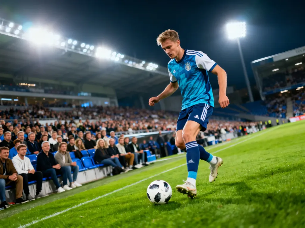 Piłkarz prowadzący piłkę na murawie nowoczesnego stadionu podczas profesjonalnego meczu ligowego.