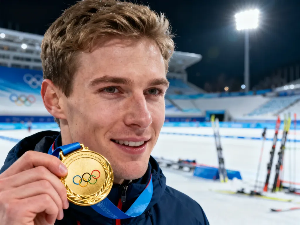 Sportowiec z dumą prezentuje złoty medal olimpijski na tle ośnieżonego stadionu zimowego.