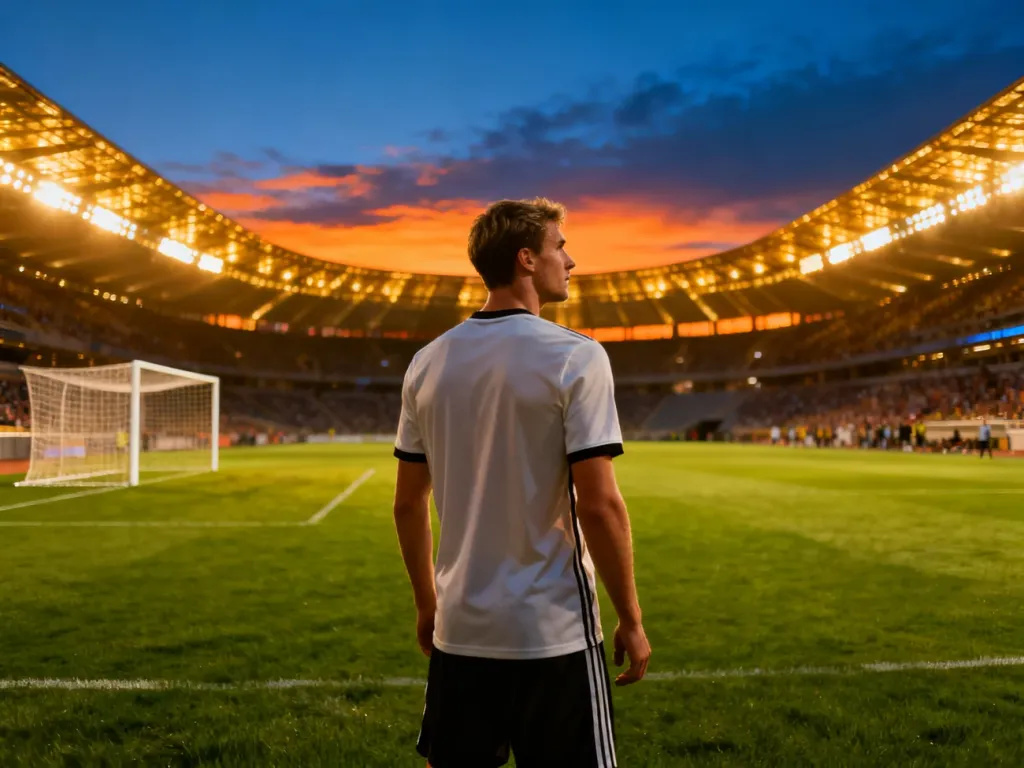 Piłkarz przygotowujący się do strzału na tle oświetlonego stadionu podczas zachodu słońca.