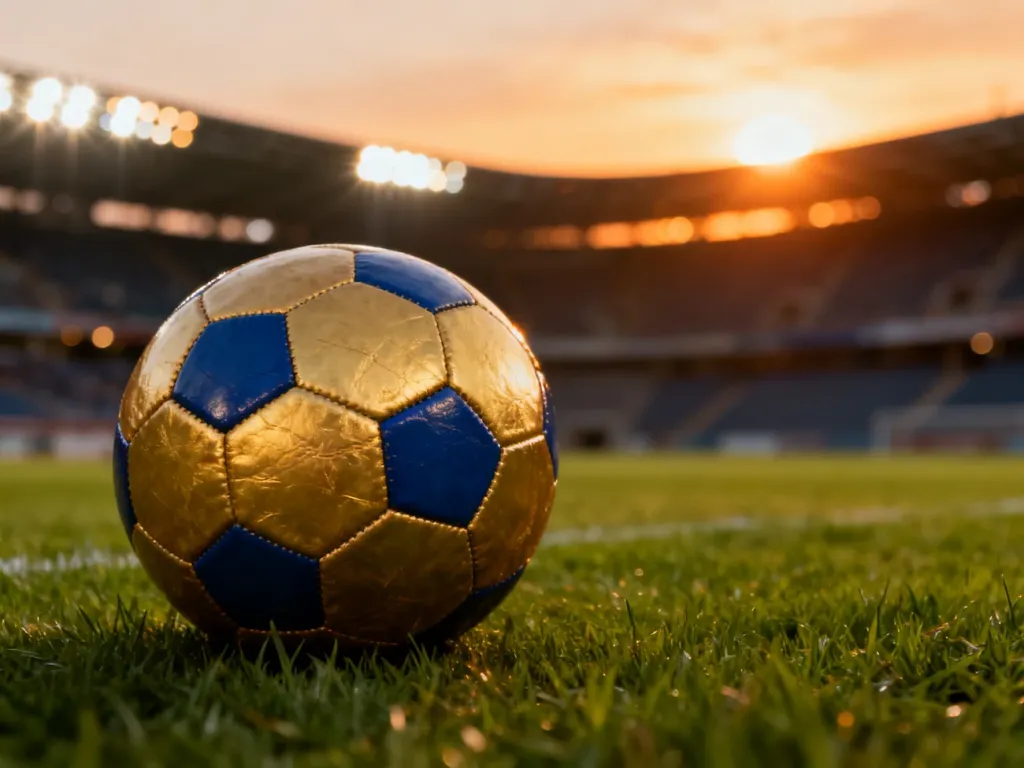 Klasyczna skórzana piłka do futbolu na murawie stadionu w świetle zachodzącego słońca.